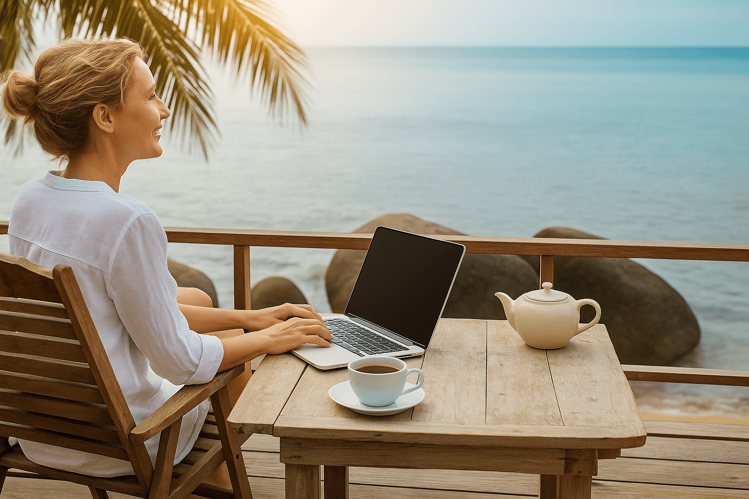 Working remotely with laptop by the ocean