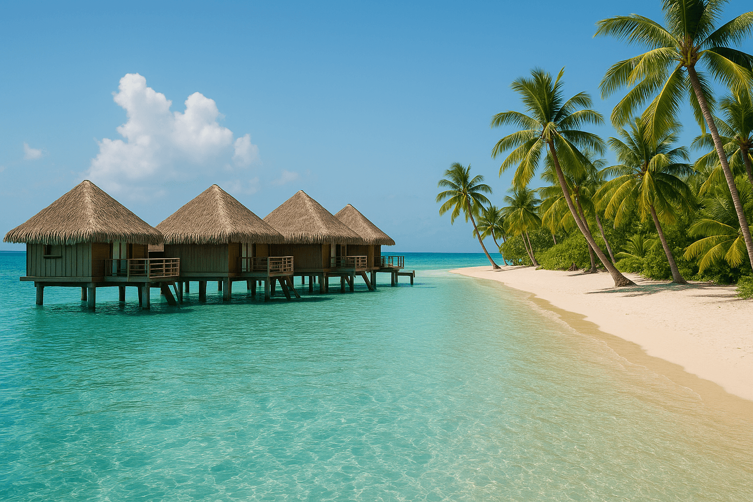Tranquil overwater view and palm-lined beach suggesting luxury travel on a budget