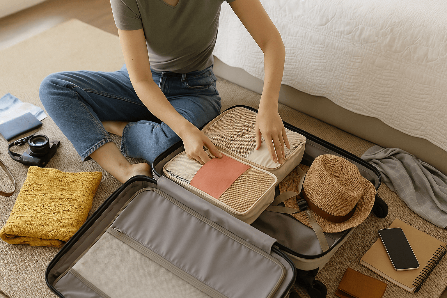 Open suitcase neatly packed with travel essentials